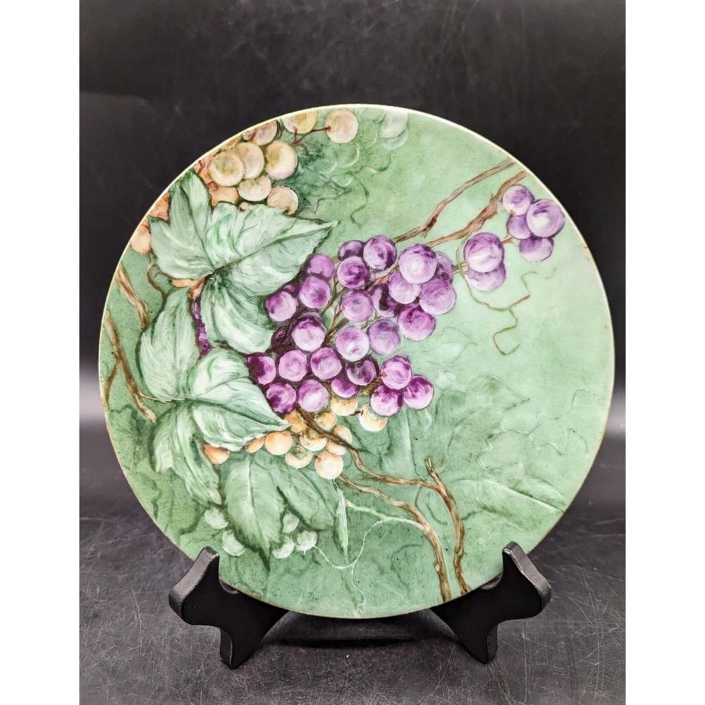 Vintage Silesia Hand Painted 7.75" Decorative Plate Purple Grapes Fruit Signed